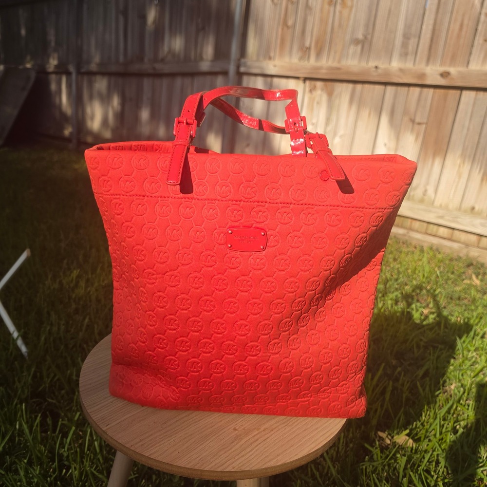 Michael Kors Red Embossed MK Logo Neoprene Tote Bag Shoulder Bag